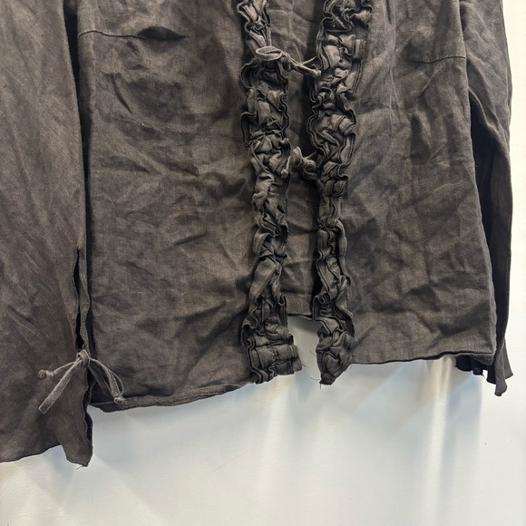 Emozioni Linen Cardigan Top Black Ruffled Tie front and wrists - Picture 5 of 14